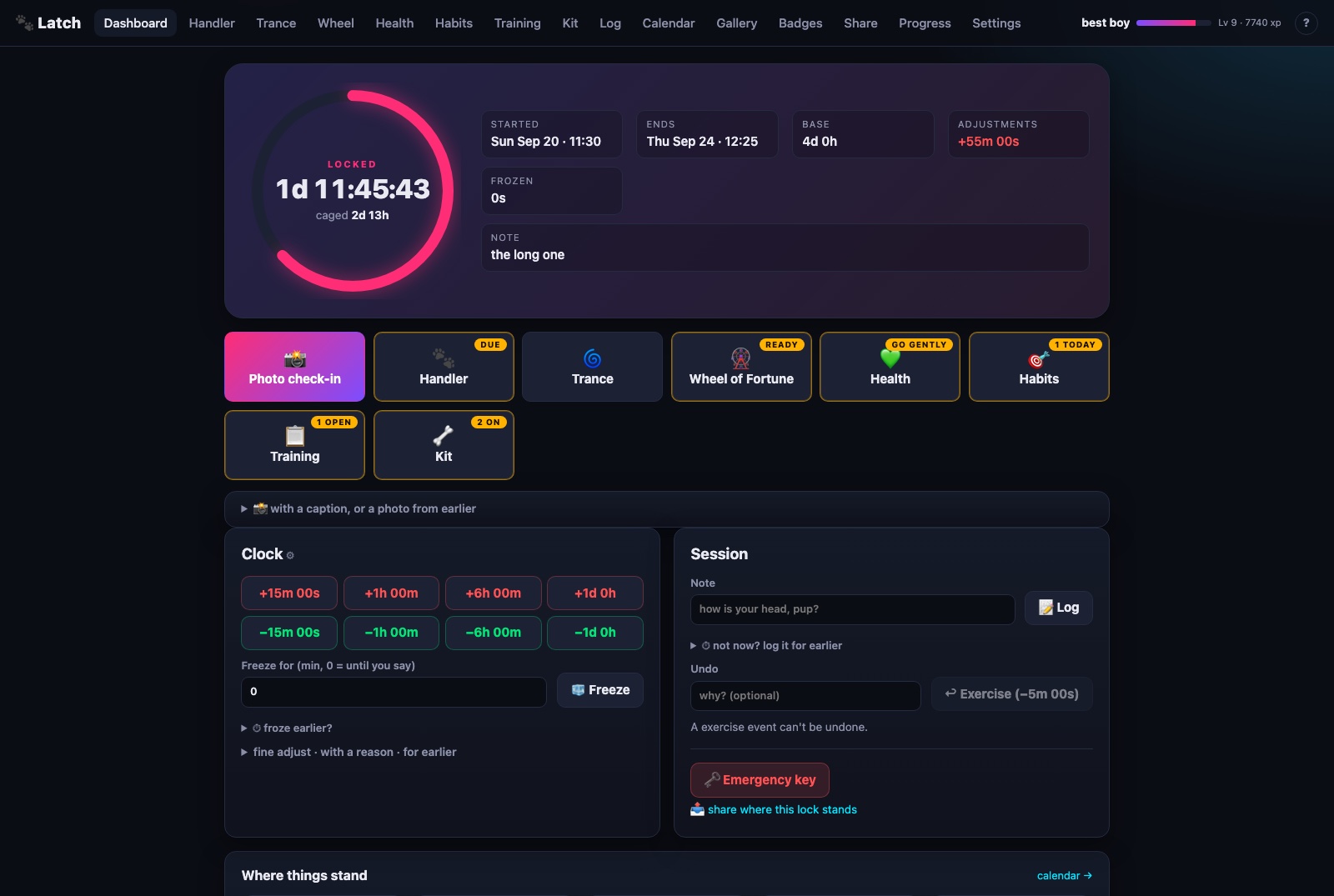 The Latch dashboard: a glowing countdown ring reading one day and eleven hours remaining, with cards for the Handler, wheel, training and kit.