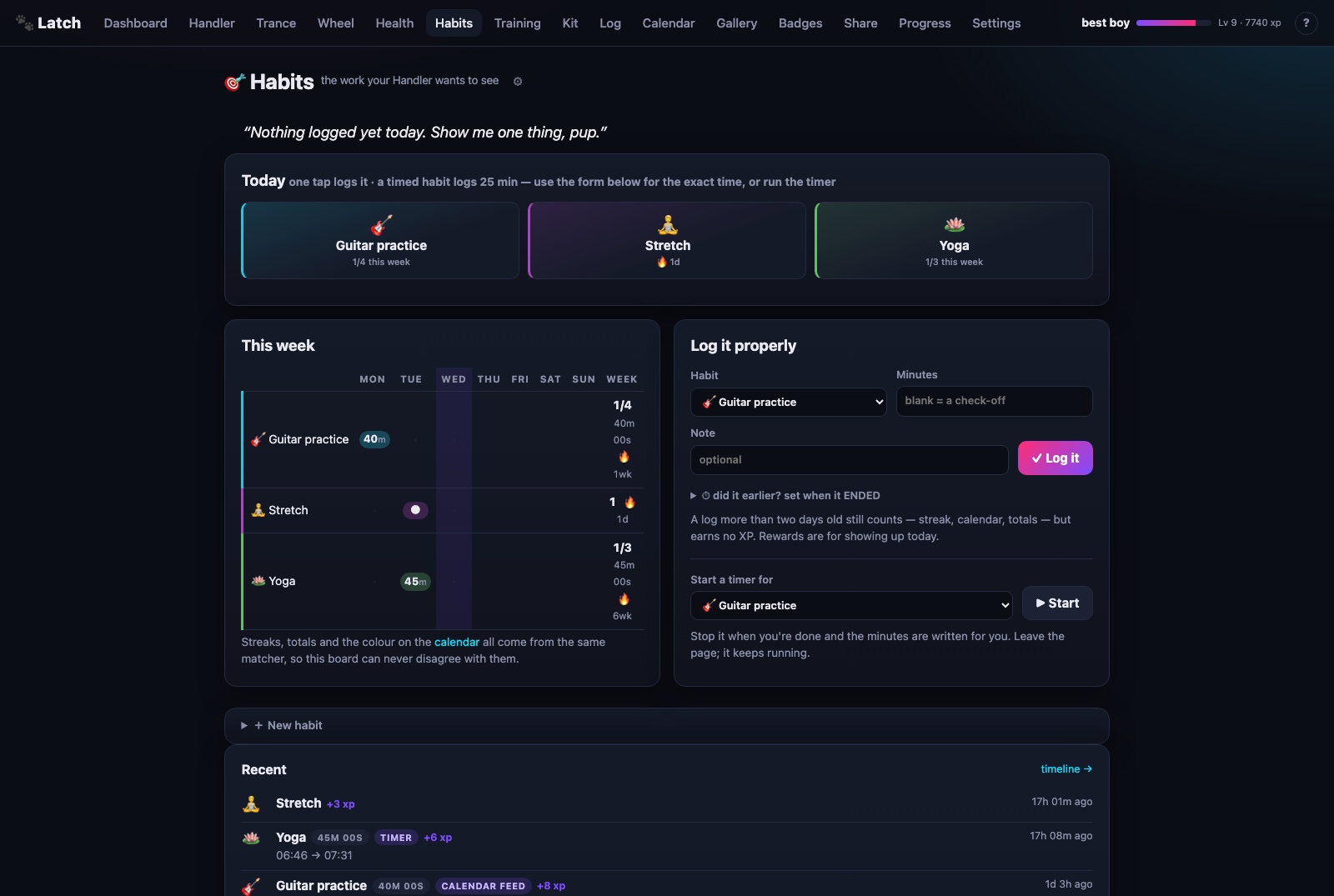 Habits page with a week board, one-tap buttons and the Handler's line