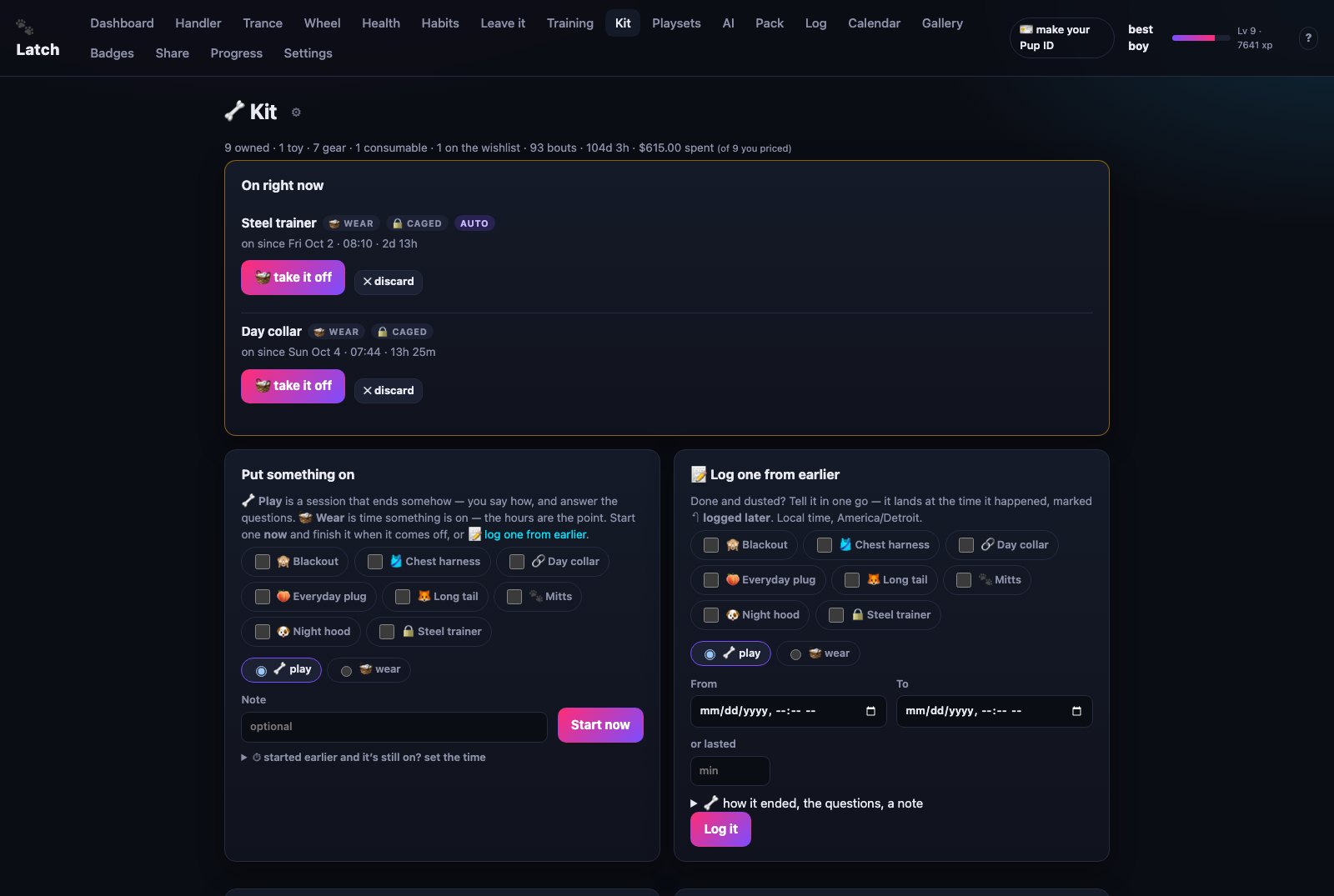 Kit page showing gear currently worn and items wanting attention